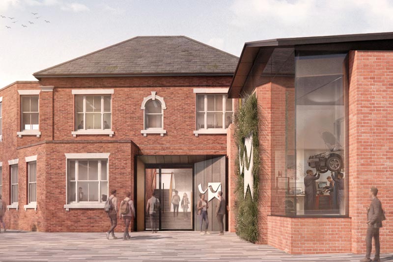Computer-generated images of what the refurbished and extended vacant heritage building could look like as one of the new blocks at Springfield Campus, accommodating live project workshops, laboratories, design and collaboration space supporting research, motorsport, aerospace and EV activity