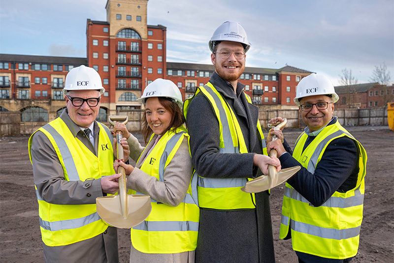 (L-R): Richard Parker, Mayor of the West Midlands, Maggie Grogan, Muse - Managing Director Midlands, Councillor Chris Burden, City of Wolverhampton Council, and Basit Ali, Muse Development Director, at the Smithgate phase one site