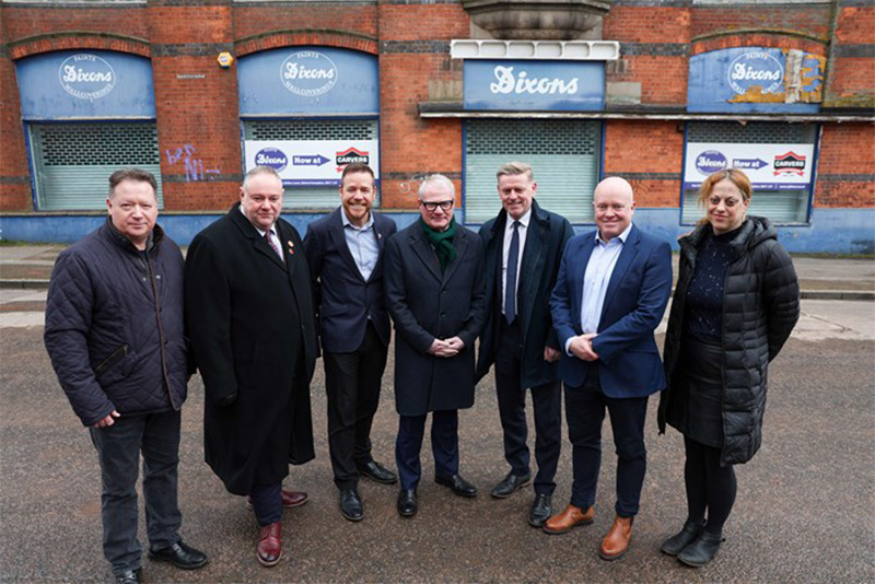 Left to Right: Gary Fulford, CEO at whg, Cllr Stephen Simkins City of Wolverhampton Council Leader, Steve Bavington CEO at YMCA Black Country Group, Richard Parker Mayor of the West Midlands, Matt Moore CEO at Morro Partnerships, Tim Dixon, Director of SJ Dixon & Son, Sally Cowan, Chief Operations Officer (Places) at YMCA Black Country Group, outside Dixon House.