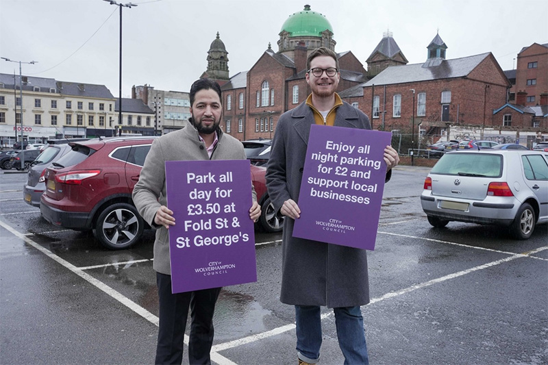 Councillor Qaiser Azeem, City of Wolverhampton Council’s Cabinet Member for City Transport and Councillor Chris Burden, City of Wolverhampton Council’s Cabinet Member for City Development, Jobs and Skills in Fold Street car park