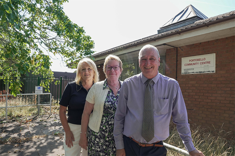 (L-R): Councillor Linda Leach, Bilston North ward councillor and member of the Bilston Pride in Place Board, Josie Kelly, Chair of the Bilston Pride in Place Board and Councillor Steve Evans, City of Wolverhampton Council Deputy Leader and Cabinet Member for City Housing and Assets, outside Portobello Community Centre