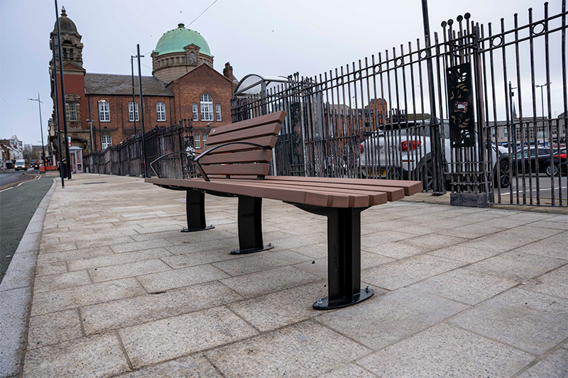 Photos of the improved Darlington Street paving, street furniture and active travel cycle lanes